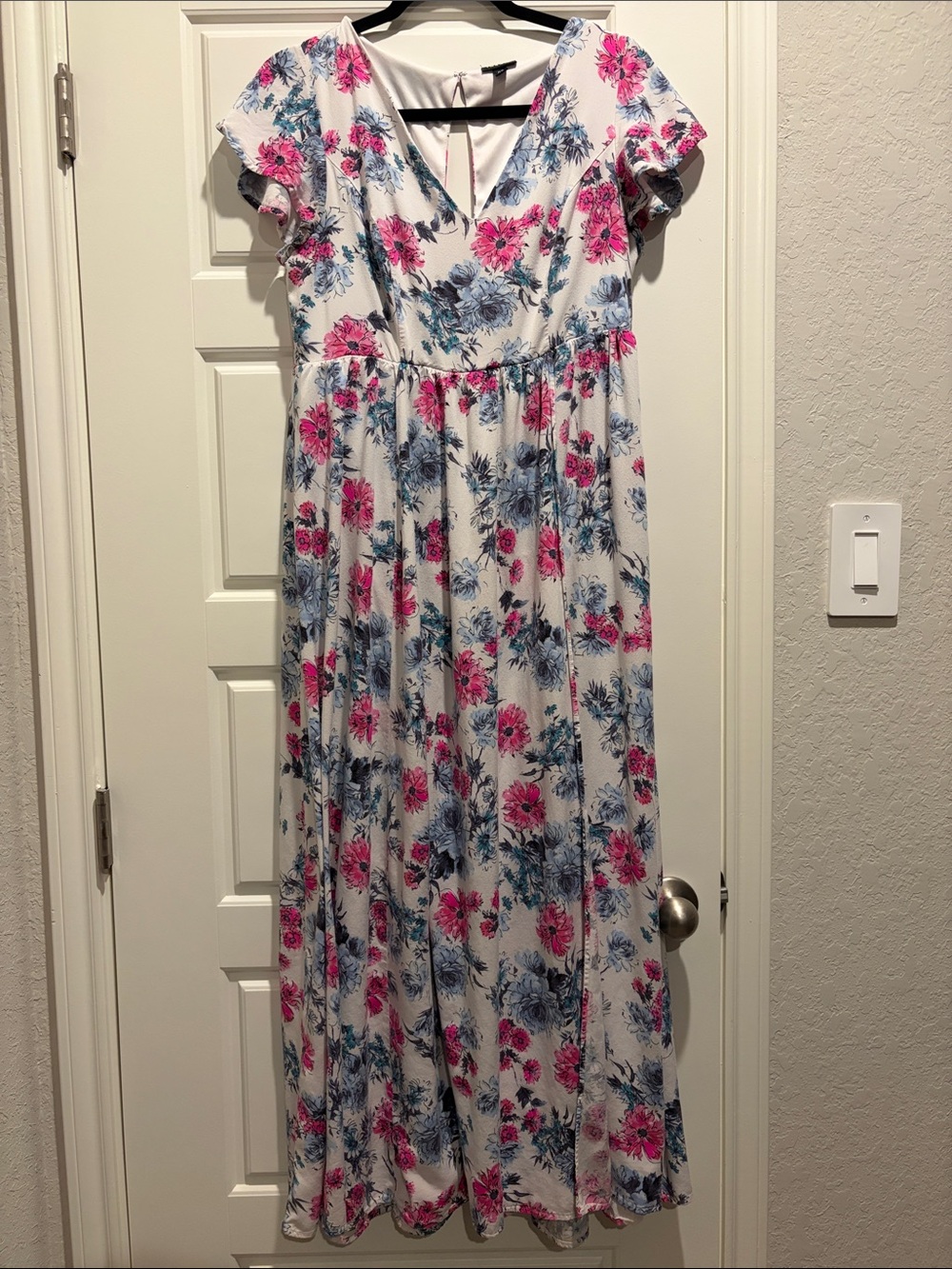 Torrid White Floral Maxi Dress with Pink & Blue Blooms
